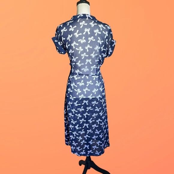 Bettie Page Las Vegas XL 10 Navy Blue & White Bow 40s Style Day Dress - Picture 13 of 13